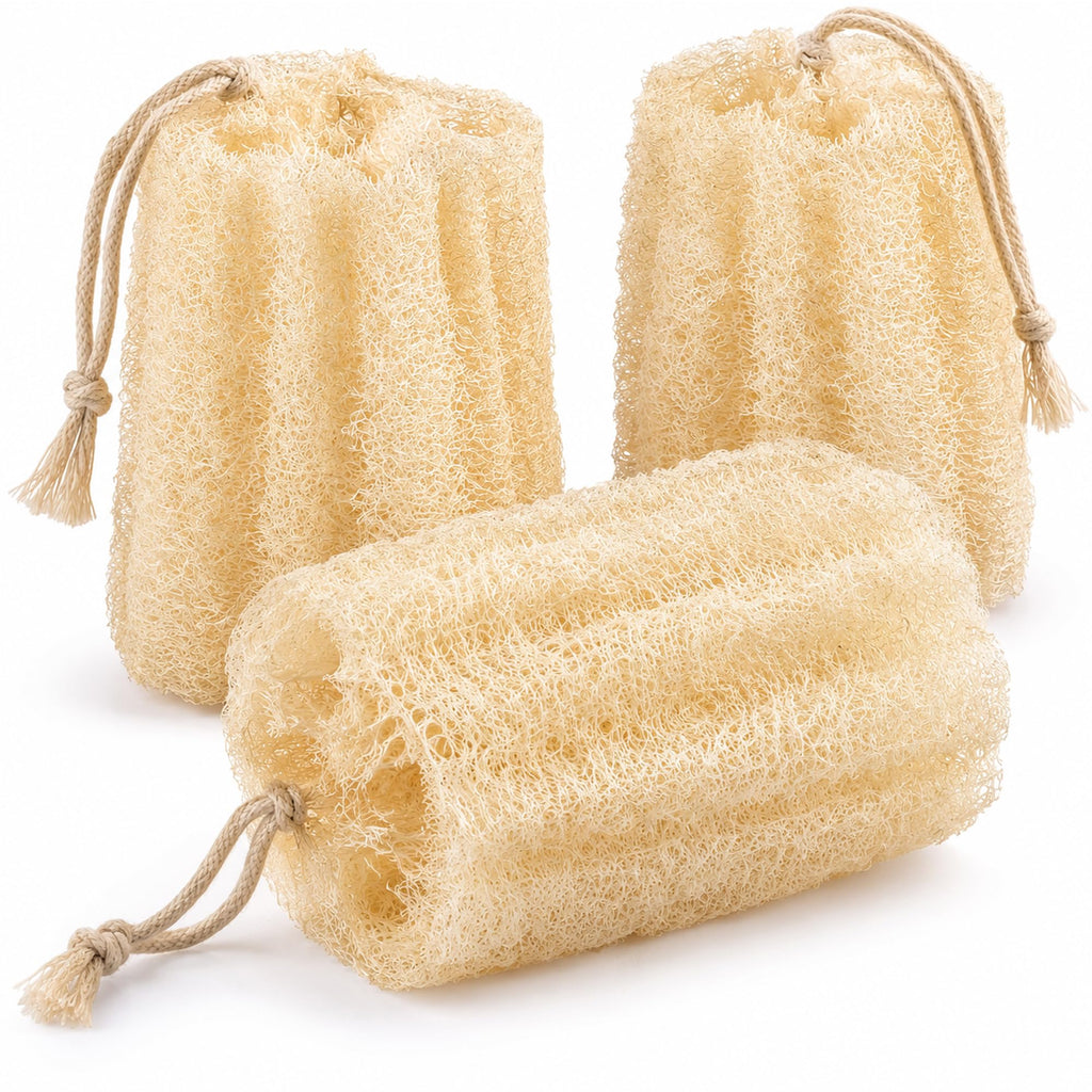 RIYNIBIY Egyptian Loofah Sponge, 3 Pack Natural Exfoliating Shower Scrubber