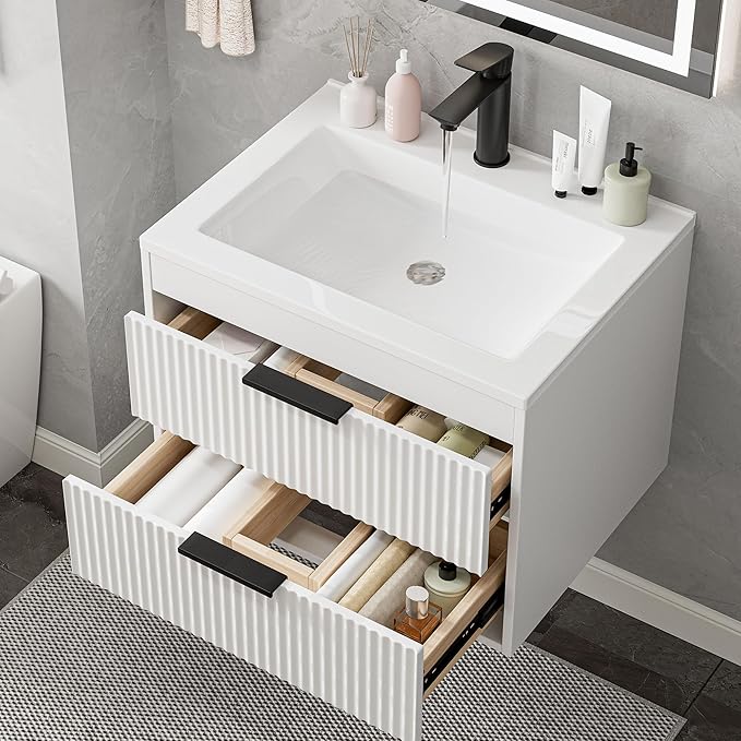 24 Inches Modern MDF Bathroom Vanity with Sink, Wall Mounted Floating Cabinets w/Double Drawers, Black Handles, White Resin Sink Combo Set (White, 24")