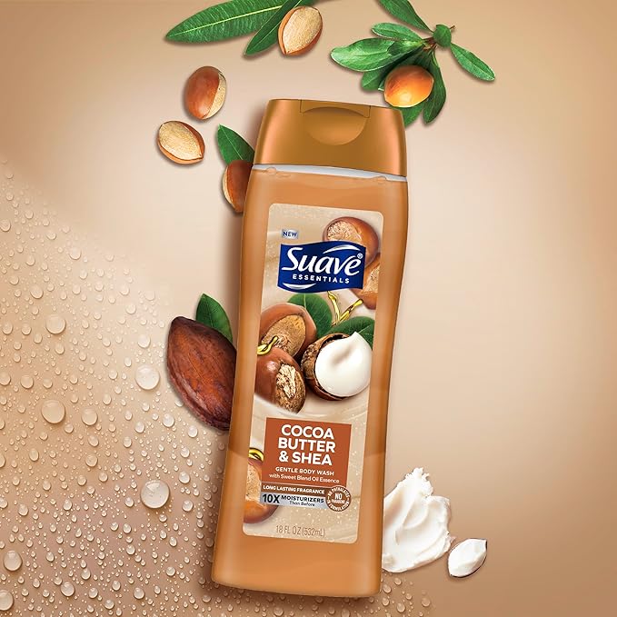 Suave Moisturizing Body Wash, Cocoa Butter and Shea with Vitamin E Extract, No Parabens, No Phtahaltes, 18 Oz (Pack of 12)
