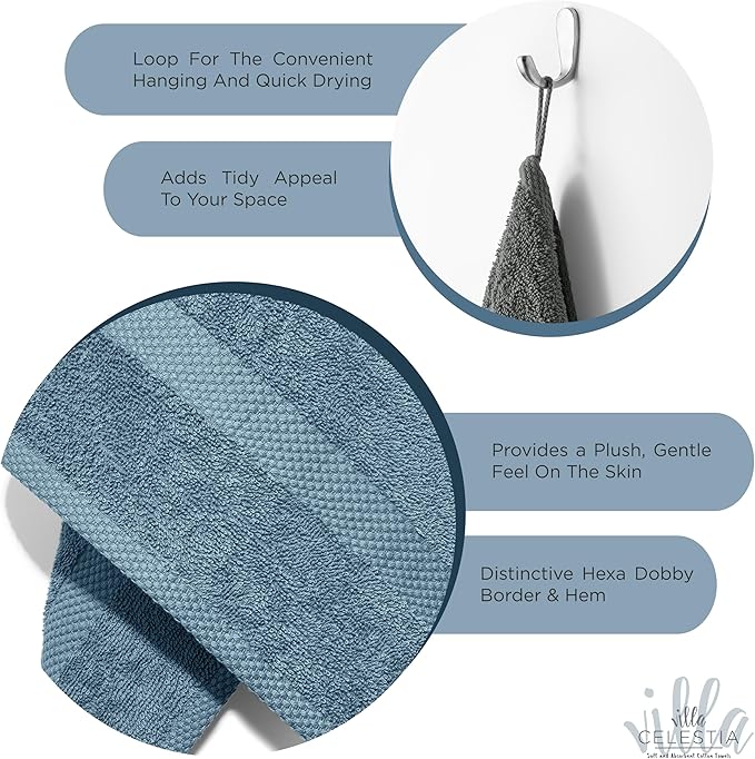 100% Cotton Hand Towel Set of 2, (16 x 28 inches) Sustainable, Soft, Highly Absorbent, Quick Drying, Combed Cotton Hand Towels Pack of 2 Ideal for Hotels, Spa, Bathroom, Dorm, Blue