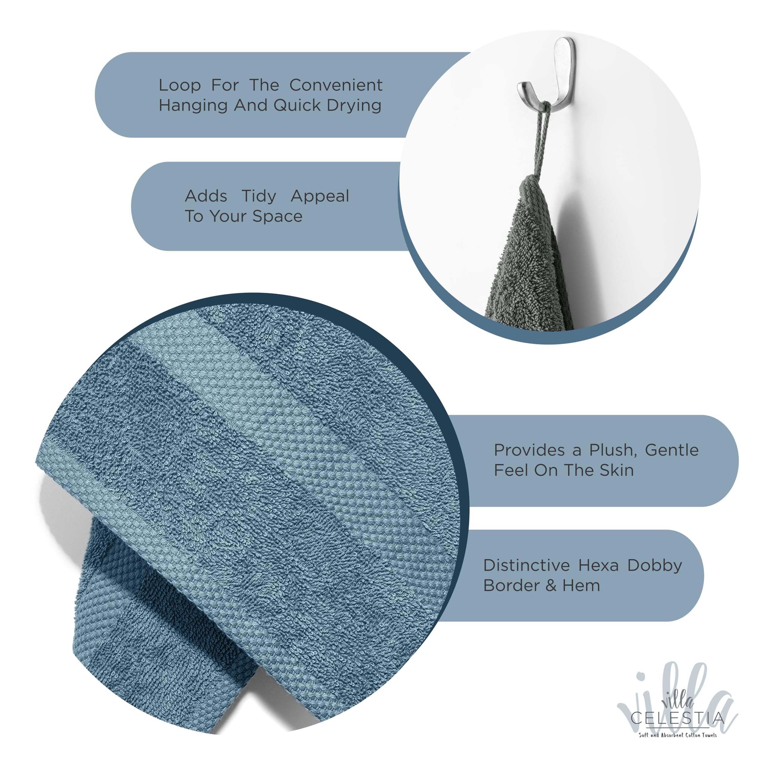 Villa Celestia Cotton Hand Towels Set of 4, 16 x 28, Oeko-TEX Certified, Quick Dry, Blue