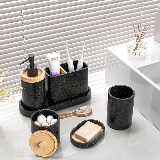 Bathroom Accessories Set Black, 6Pcs Bathroom Accessory Set, Large-Sized Toothbrush Holders Set Black, Soap Dispenser, Vanity Tray, Bathroom Tumbler, Apothecary Jars and a Soap Dish