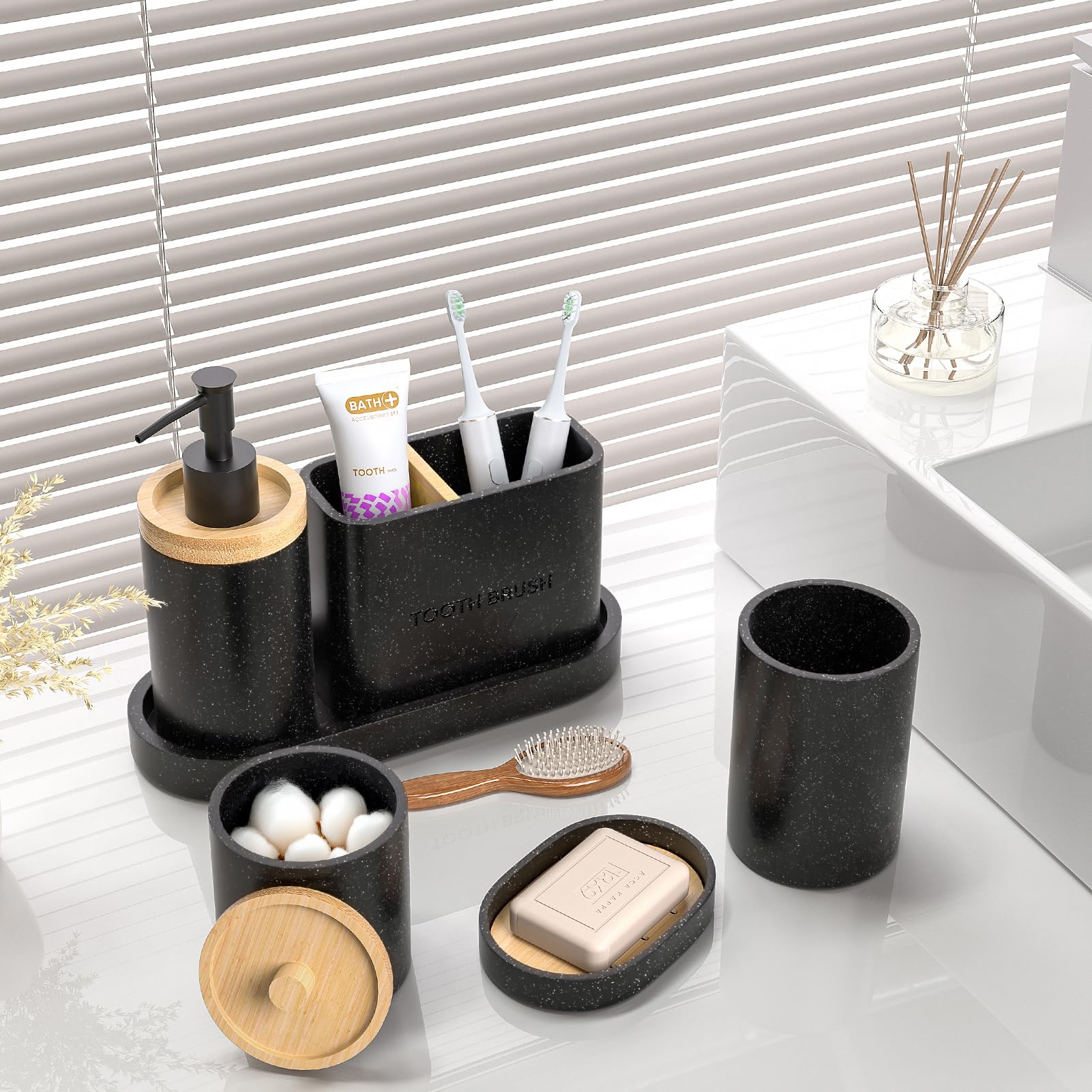 20PC Black Modern Bathroom Accessories Set with Shower Curtain, Toothbrush Holders, Soap Dispenser, Vanity Tray, Cotton Swab Jars, Bathroom Decor Organizer