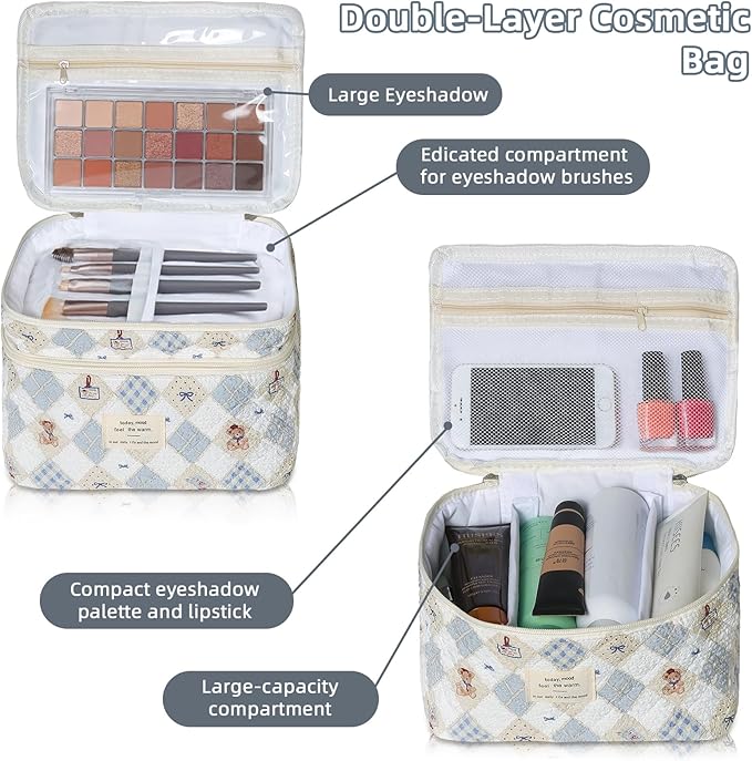 Gosect Makeup Bag, Portable Travel Make up Bag, Large Capacity Quilted Cosmetic Organizer Bag, Cute Floral Toiletry Bag for Women Girls (Bear Pattern)