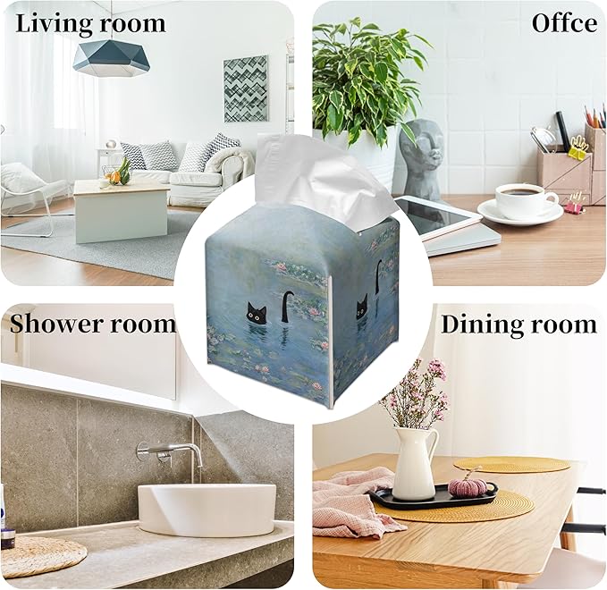 Grace Yonks Art Tissue Box Cover Square - Black Cat in Water Lilies Design 5.2" PU Leather Holder for Vanity, Desk, or Bathroom Counter - Cube Case for Facial Tissues. (123)