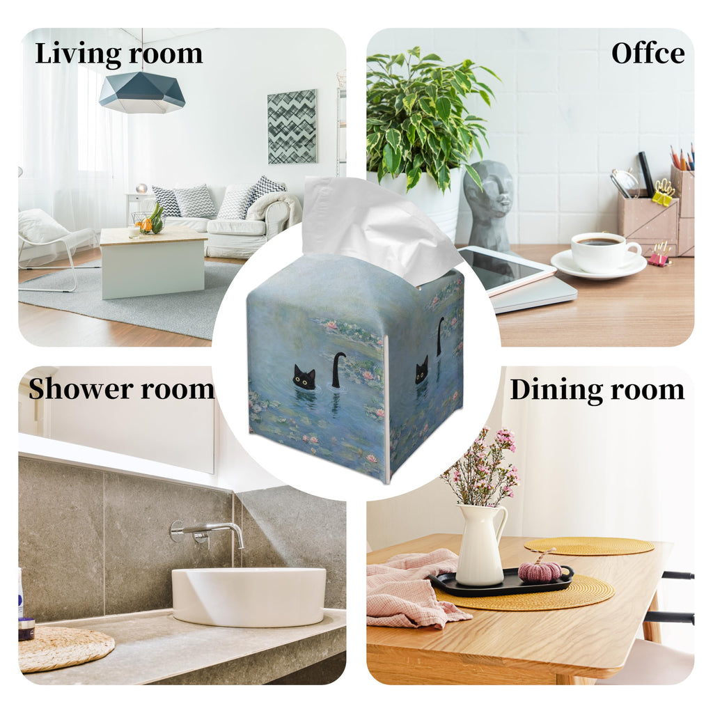 Grace Yonks Art Tissue Box Cover Square - Black Cat in Water Lilies Design 5.2" PU Leather Holder for Vanity, Desk, or Bathroom Counter - Cube Case for Facial Tissues. (123)