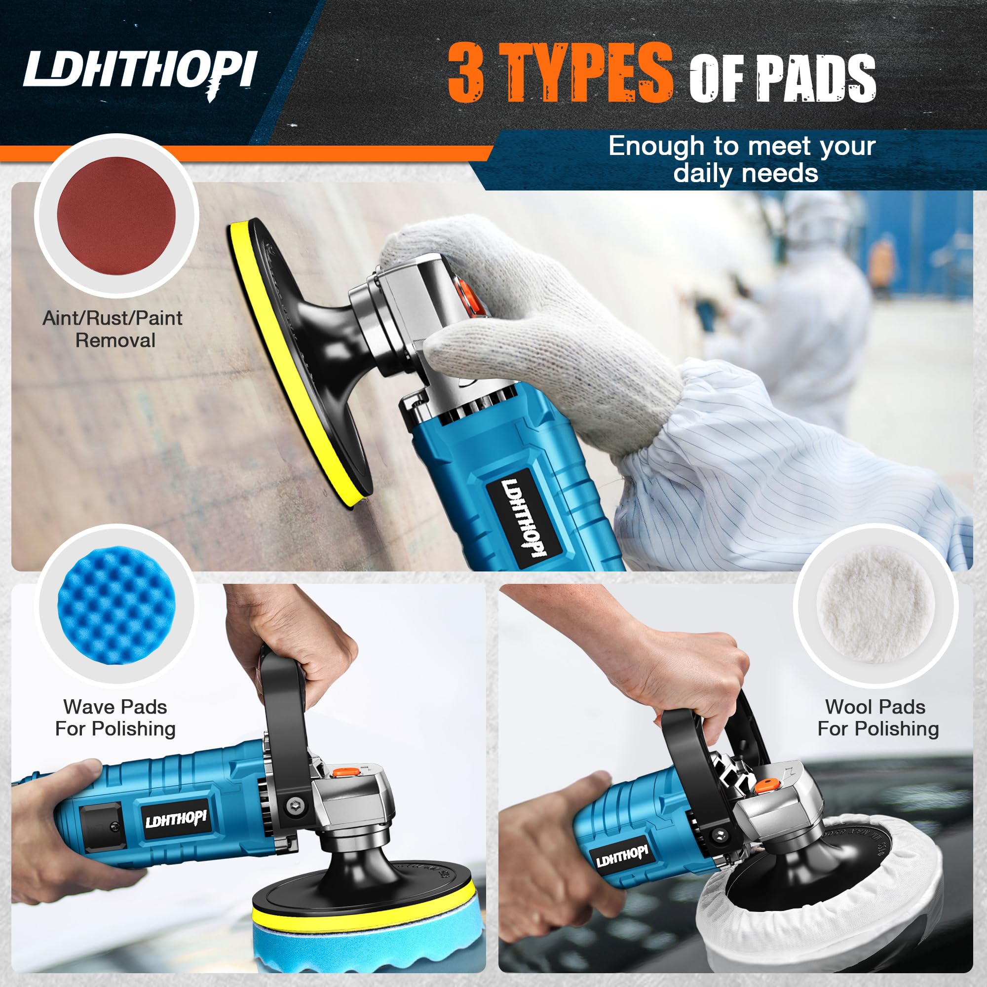 LDHTHOPI Buffer Polisher, 1600W 7 Inch/6 Inch Rotary Buffer Polisher Waxer, 7 Variable Speed 1000-3500 RPM, Detachable Handle for Car, Boat Sanding, Polishing, Waxing, 2026 Upgraded