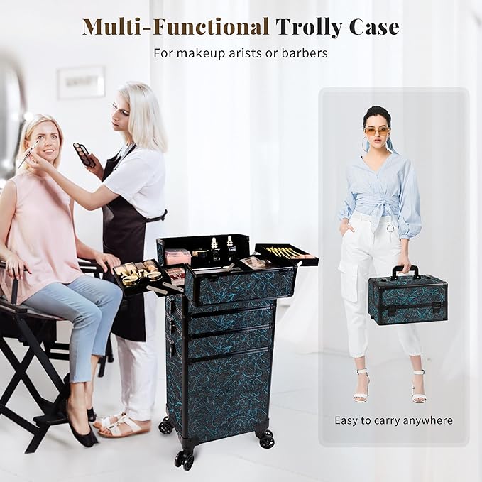 JINGUAN Profesional Rolling Makeup Train Case with Lid, 5 in 1 Cosmetology Case on Wheels, Large Cosmetic Trolley Organizer Travel for Hairstylist Artist Nail Beauty Salon Barber, Blue