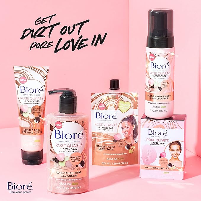 Bioré Rose Quartz + Charcoal Daily Purifying Cleanser, Oil Free Facial Cleanser Energizes Skin, Dermatologist Tested and Cruelty Free, 6.77 oz