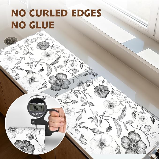Drawer and Shelf Liner Black Flowers 17in x 20FT, Non Adhesive Anti-Slip Double Layer PVC Reusable Thickened Waterproof Easy Clean for Kitchen Cabinets Refrigerator with Knife Tape Measure