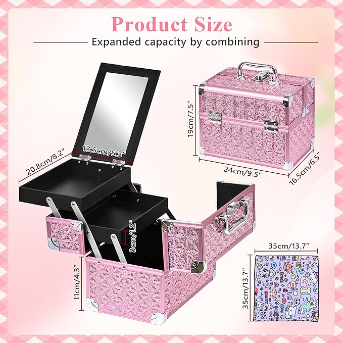 GALHUBIS Makeup Case Organizer,Makeup Train Case, Trays Cosmetic Box Portable, Profesional for Salon Barber,Pink