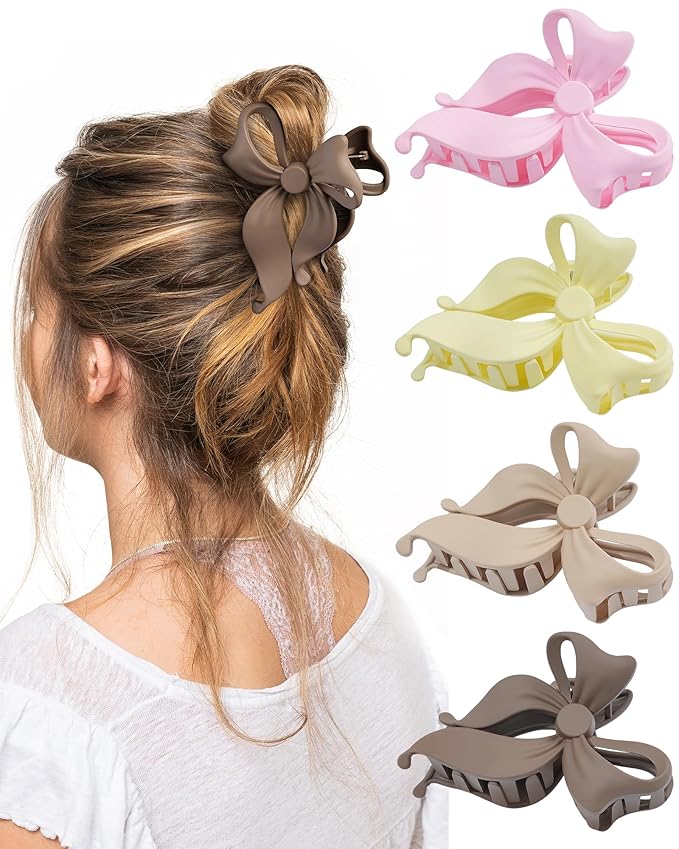 4 PCS Bow Hair Clips Bow Claw Clip for Women, Large Hair Claw Clips for Thin Thick Long Hair Cute Nonslip Bows (Dark Brown+Light Brown+Off-White+Light Pink)