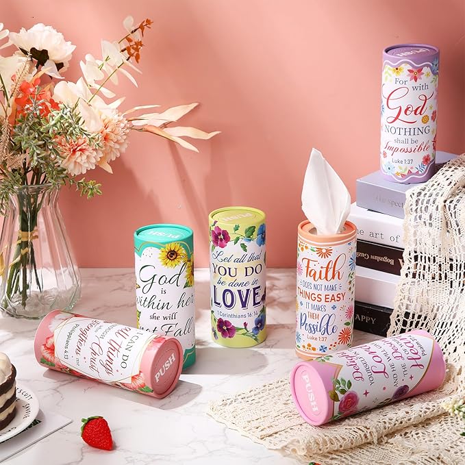 Outus 12 Pack Floral Christian Car Tissue Holder Cylinder with 3 Ply Facial Napkin Refillable Round Tube Tissue Boxes Container for Car Cup Holder SUV Home Office Travel Religious Bible Verse Gift