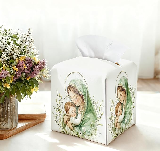 Holy Infant & Virgin Mary Square Tissue Box Cover, PU Leather Drawstring Bottom, for Office, Bathroom, Home Prayer Room, Christian & Catholic Friends, Colleagues, Employees | Decorative Organizer