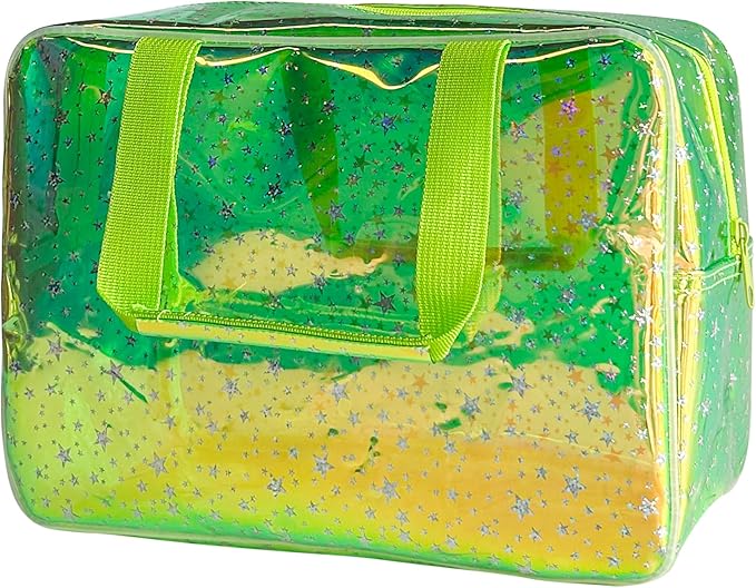 TotePrint Holographic green Clear Star Large Cosmetic Bag and TPU Travel Pouch with Handle,Durable Material,Zipper Design-Ideal for Makeup,Travel Essentials (Holographic green+stars)