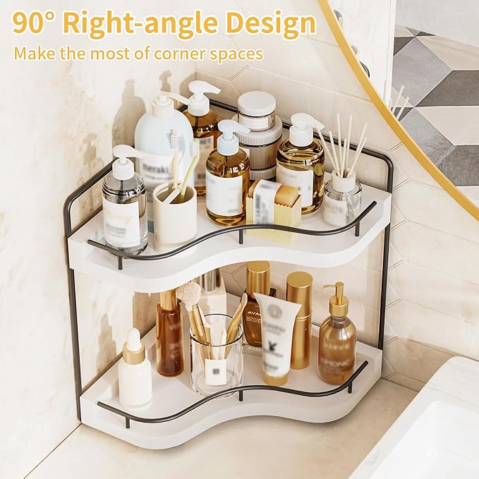 Aollewoiti 2-Tier Corner Bathroom Counter Organizer with Embedded Screw Holes, Secure & Stable Wood Vanity Shelf for Makeup and Skincare Essentials - Space Saving Bathroom Countertop Storage, White