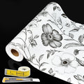 Drawer and Shelf Liner Black Flowers 17in x 20FT, Non Adhesive Anti-Slip Double Layer PVC Reusable Thickened Waterproof Easy Clean for Kitchen Cabinets Refrigerator with Knife Tape Measure