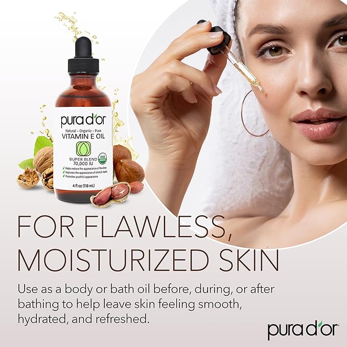 PURA D'OR 4 Oz Organic Vitamin E Oil 70,000 IU, USDA Certified Ayurvedic Skin Care, Face, Body w/Argan, Jojoba, Rosehip, Apricot, Almond & Avocado, Lightweight Moisturizer for Soft, Smooth Skin