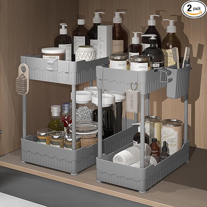 2 Pack Under Sink Organizer, Under Bathroom Cabinet Organizer with Hooks Hanging Cup, Multi-Purpose Storage Shelf for Kitchen Bathroom (Gray, 12.8 Inch)