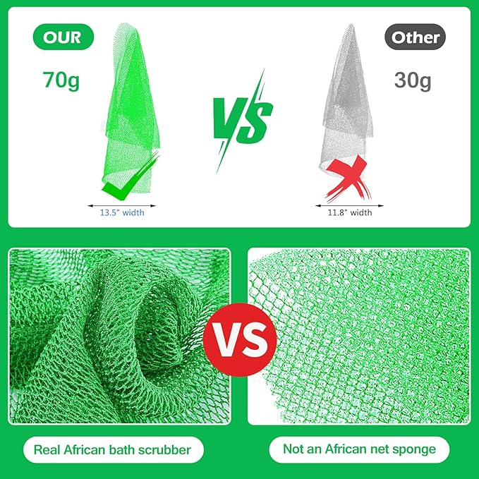African Net Sponge, Authentic Exfoliating Body Scrubber for Bath and Shower, Multiple Textures with Gentle Deep Exfoliating and Rich Lather for All Skins (Green)