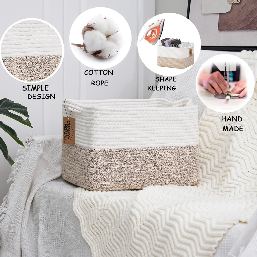 COMFY-HOMI Cotton Rope Woven Basket with Handles for Shelves,Toys,Book, Cloth Storage Baskets Bin for Organizing- 1 PCSToy Decorative Organizer for Living Room, Bathroom