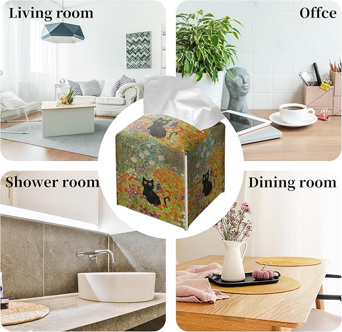 Grace Yonks Art Tissue Box Cover Square - Black Cat in Wildflower Garden Design 5.2" PU Leather Holder for Vanity, Desk, or Bathroom Counter - Cube Case for Facial Tissues. (120)