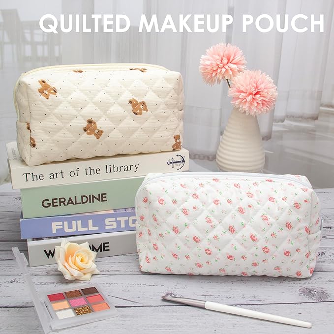 PAZIMIIK Small Quilted Makeup Bag,Zipper Cosmetic Pouch,Gauze Rose