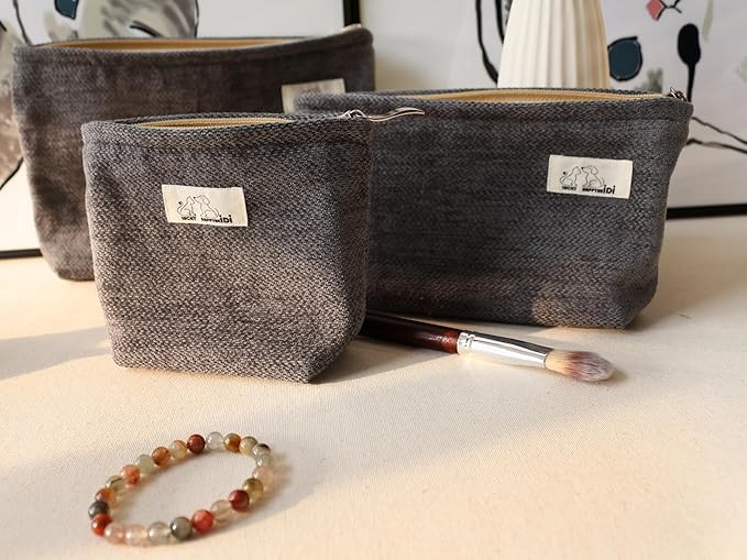 HAPPYHEIDI Gray Velvet Corduroy Makeup Bag Set 3 with Compartment Women Girls Cosmetic Toiletry Pouch,Travel Accessory Organizer, 3-Size, Canvas Lined