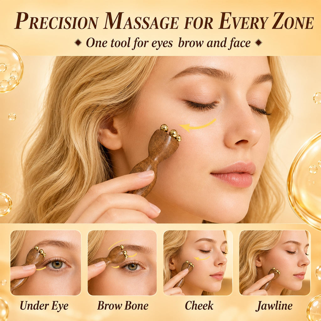 Sandalwood Facial Massage Tool, Dual Head Eye Massager with 5 Copper Beads