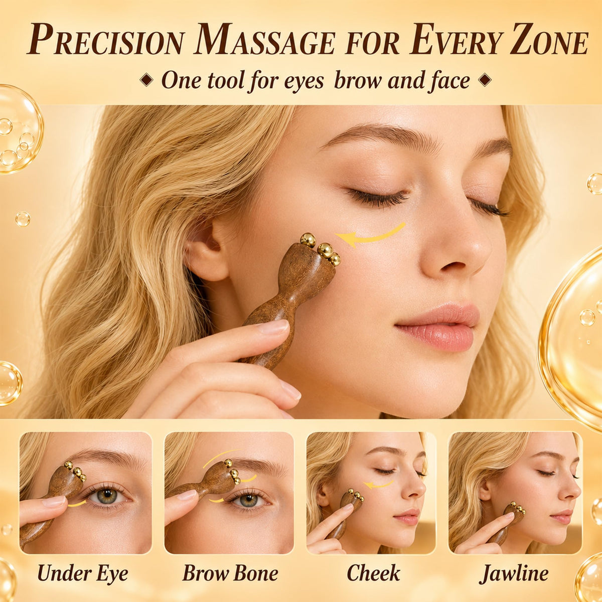 Sandalwood Facial Massage Tool, Dual Head Eye Massager with 5 Copper Beads