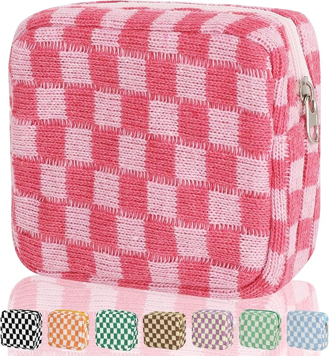 CekPo Sanitary Napkin Storage Bag, Menstrual Pad Zipper Bag Checkered Portable Period Bag Panty Liners, Tampon Storage Pouch for Women Ladies Daily Use Storage Purse Travel