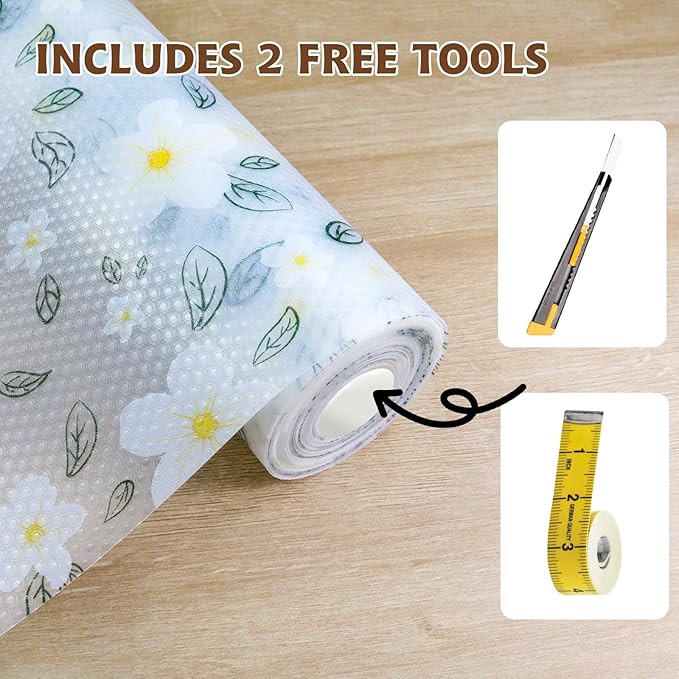 Drawer and Shelf Liner for Kitchen Cabinet,Non-Adhesive EVA Waterproof Drawer Liner for Dresser & Bathroom Vanities with Cutting Tool(12 in X 10 Ft White Cherry Blossom)