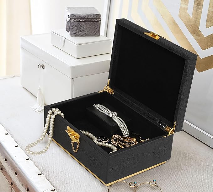 HofferRuffer Elegant Faux Leather Decorative Box, Storage Jewelry Box Organizer, Large Dresser Cosmetic Organizer Holder, Classic Jewelry Accessory Organizer, 11x8x4.8 inches (Black)