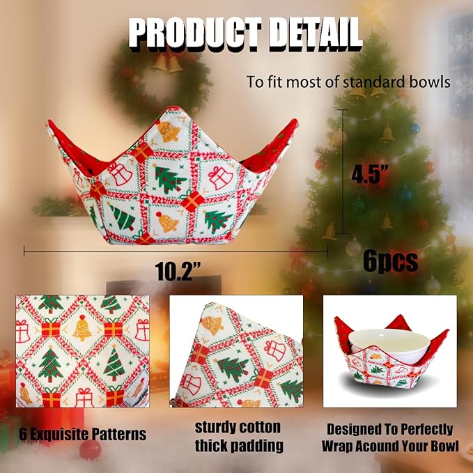 JounLoin Cotton Microwavable Bowl Cozy ，Set of 6，Microwave-Safe Hot Bowl Holders, Soup Bowl Cozy Hot Pads，Prevent Hand from Heat and Maintain Food Warm，Ideal Household Gift Store (F)