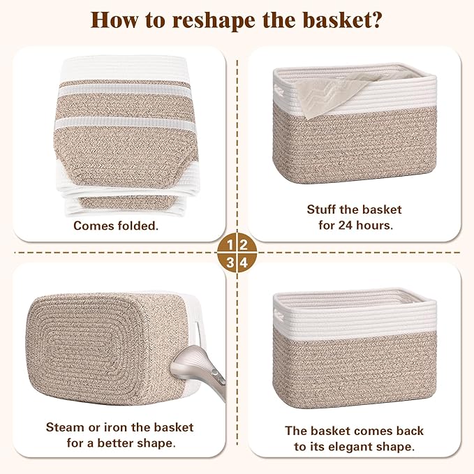Storage Baskets for Organizing, 4 Pack Baskets for Shelves, Decorative Storage Bins for Shelves, Cotton Rope Storage Basket with Handles, Woven Basket for Storage, 13''Lx8.7''Wx7.9''H, White & Brown