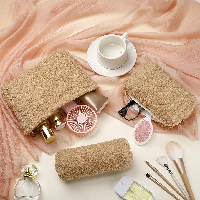 Paterr 3 Pcs Quilted Makeup Bag Set Back to School Favor Small Bridesmaid Cosmetic Bag Aesthetic Travel Pouch Cute Purse Pencil Case Makeup Storage Organizer for Women Birthday Gift(Fuzzy,Khaki)