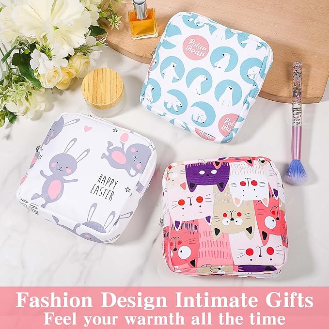 3 PCS Sanitary Pad Storage Bag Portable Period Bag for Teen Pads/Sanitary Napkins/Tampons, Sanitary Napkin Storage Bags First Period Gifts for School, Hygiene Bags Travel Containers (Pink,Grey, Blue)