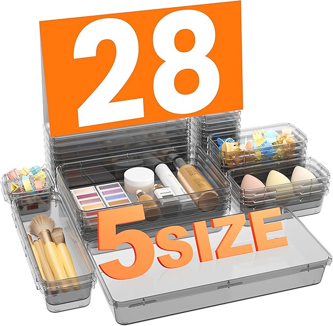 A-LuGei 【Military Grade】 Drawer Organizer,【𝟱𝗦𝗶𝘇𝗲】 Makeup organizer,【Holds 177 Items】 Bathroom Organizers and Storage,Organization and Storage,Desk Drawer Organizer for Vanity【Clear Black】