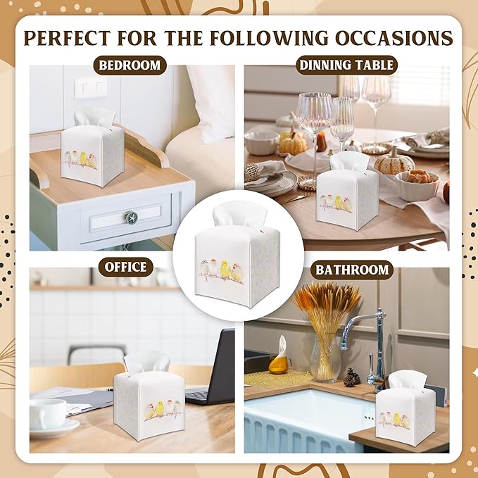 Cute Birds & Flowers Design Spring Tissue Box Cover - PU Leather Waterproof Tissue Holder - Facial Paper Organizer for Home Bathroom Office - Desk Seasonal Decorative Dispenser Box-B01
