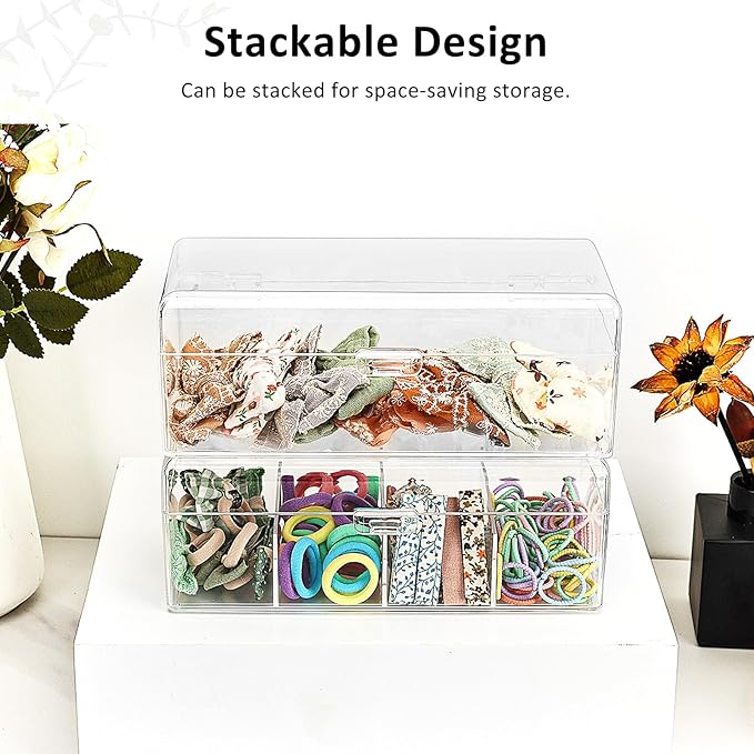 JessLab Hair Accessories Organizer for Girls, Acrylic Hair Bow Tie Clip Scrunchie Holder with Dividers, Clear Stackable Storage Box for Bathroom, Bedroom, Vanity Countertop (1 Compartment)