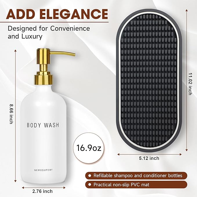 Nemosupery White Glass Shampoo and Conditioner Dispenser Set –16.9oz Refillable Bottles with Stainless Steel Pump, Non-Slip Mat & Waterproof Labels –Shampoo Conditioner Body Wash Dispenser for Shower