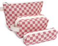 Beayuva 3 Pcs Canvas Makeup Bag Set Checkered Cosmetic Pouch for Women Travel Toiletry Bag Cute Makeup Organizer Purse Pouch Preppy Pencil Case with Zipper (Checkered Red)