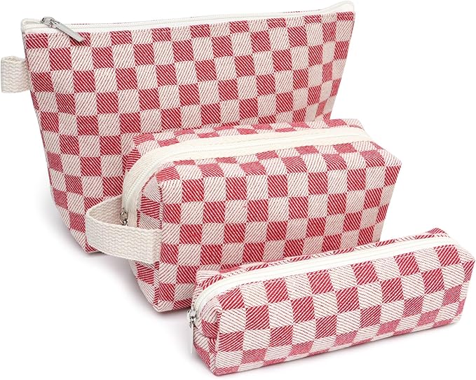 Beayuva 3 Pcs Canvas Makeup Bag Set Checkered Cosmetic Pouch for Women Travel Toiletry Bag Cute Makeup Organizer Purse Pouch Preppy Pencil Case with Zipper (Checkered Red)
