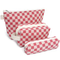 Beayuva 3 Pcs Canvas Makeup Bag Set Checkered Cosmetic Pouch for Women Travel Toiletry Bag Cute Makeup Organizer Purse Pouch Preppy Pencil Case with Zipper (Checkered Red)