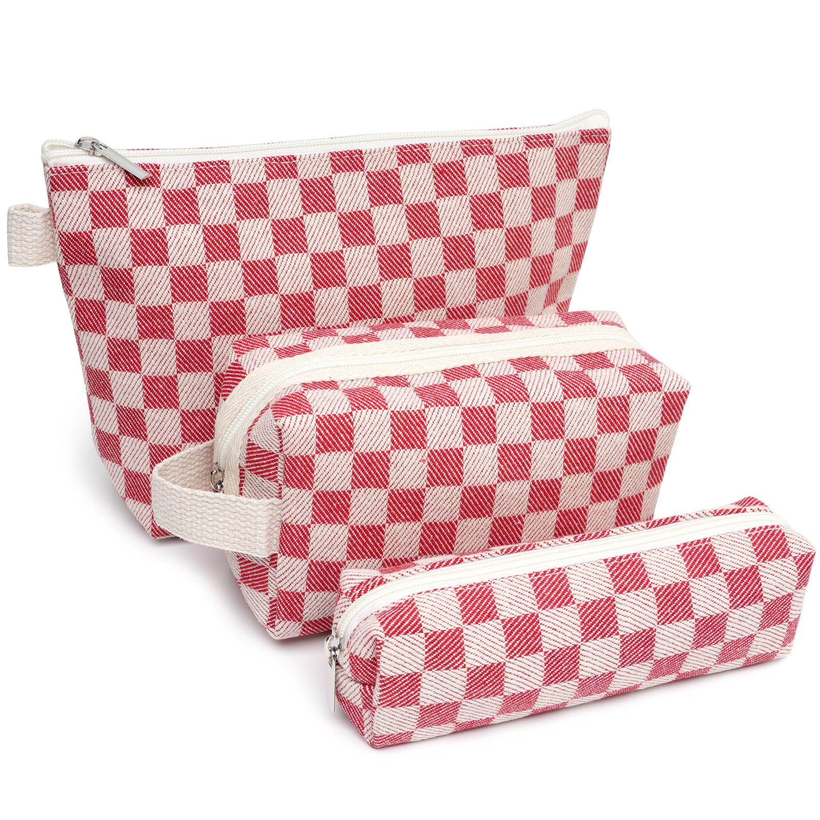 Beayuva 3 Pcs Canvas Makeup Bag Set Checkered Cosmetic Pouch for Women Travel Toiletry Bag Cute Makeup Organizer Purse Pouch Preppy Pencil Case with Zipper (Checkered Red)