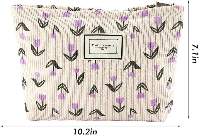 URSKYTOUS Flower Makeup Bag Travel Large Cosmetic Bag for Women Cute Makeup Pouch Zipper Cosmetic Pouch for Purse Corduroy Aesthetic Purple Floral Skincare Organizer Bag Portable Toiletry Bag