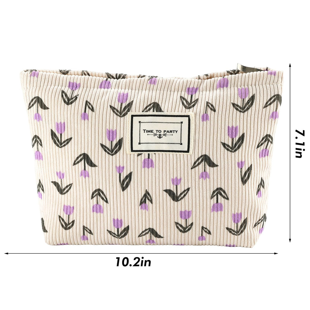 URSKYTOUS Flower Makeup Bag Travel Large Cosmetic Bag for Women Cute Makeup Pouch Zipper Cosmetic Pouch for Purse Corduroy Aesthetic Purple Floral Skincare Organizer Bag Portable Toiletry Bag