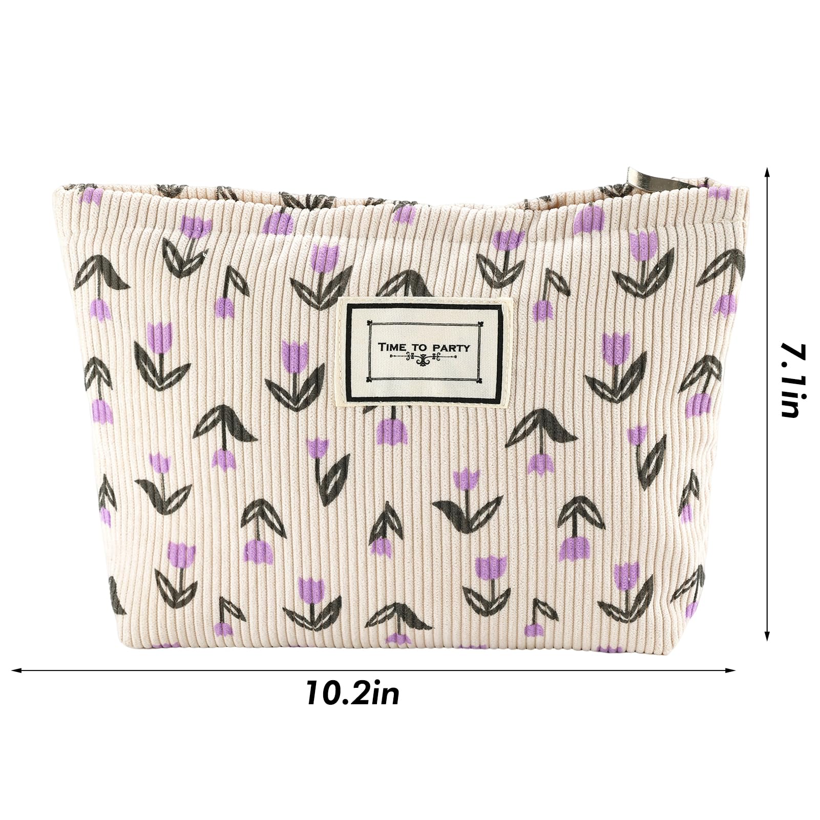URSKYTOUS Flower Makeup Bag Travel Large Cosmetic Bag for Women Cute Makeup Pouch Zipper Cosmetic Pouch for Purse Corduroy Aesthetic Purple Floral Skincare Organizer Bag Portable Toiletry Bag