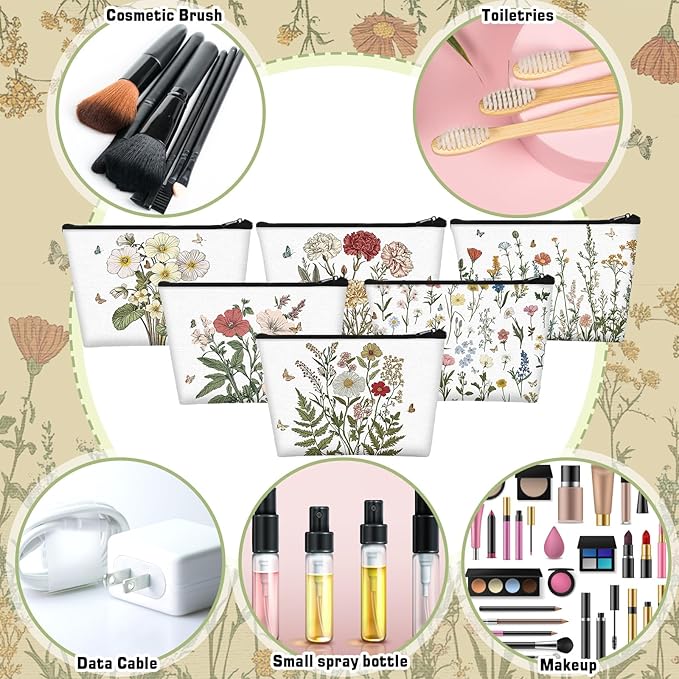 Sweetude 12 Pcs Flower Makeup Bags Bulk Portable Travel Cosmetic Bags with Zipper Wildflower Floral Waterproof Roomy Travel Toiletry Organizer Storage Pouch for Women Birthday Party Gifts