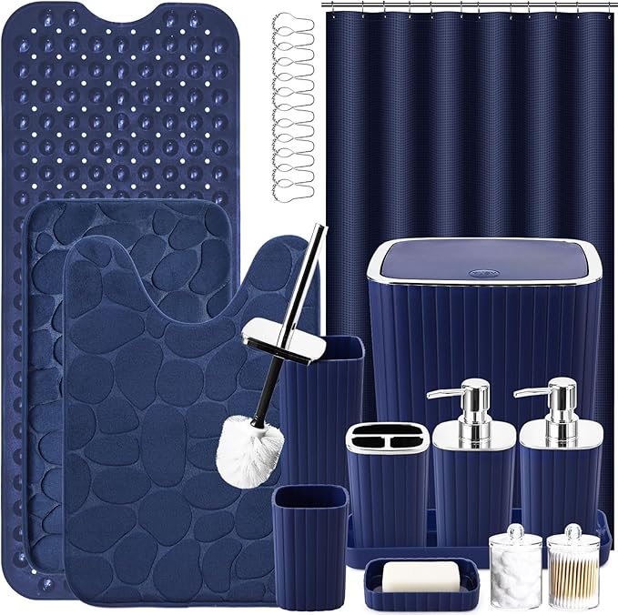 XLHOMO Bathroom Accessory Set - 25PC Green Bathroom Sets, Bathroom Set with Shower Curtain and Rugs, Dark Green Shower Curtain Set, Trash Can, Qtip Holder & Soap Dispenser